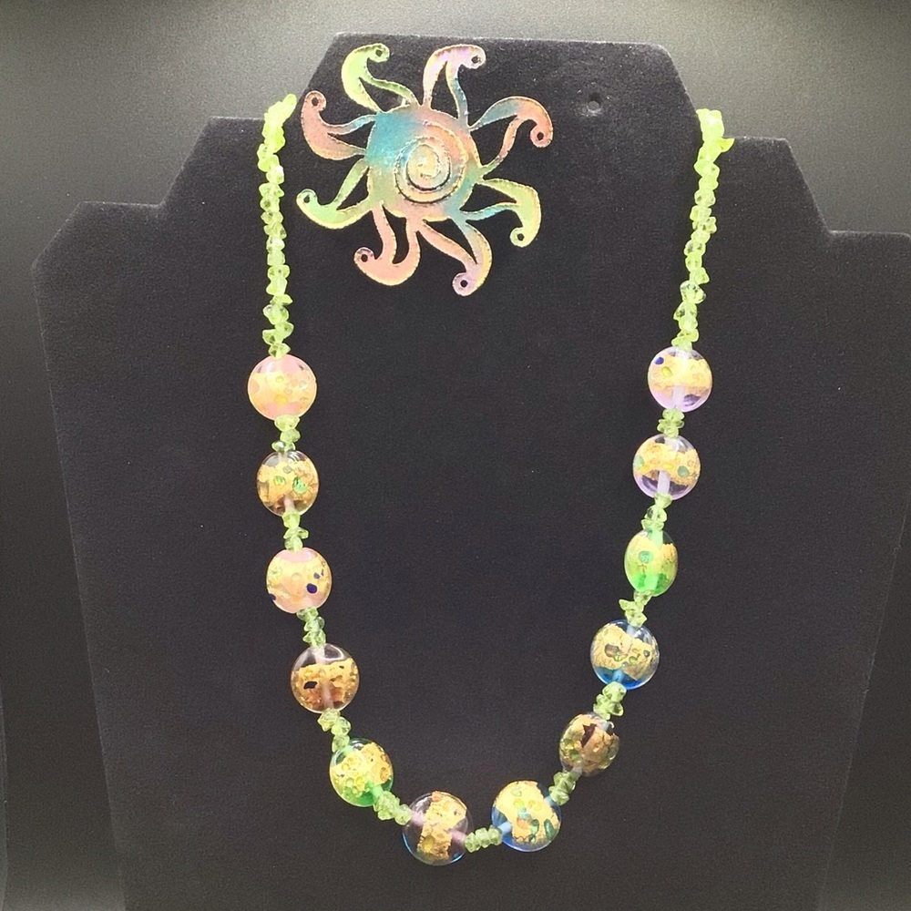 Vintage Lampwork Glass Bead Necklace with Matching Vintage Copper Sun Pin